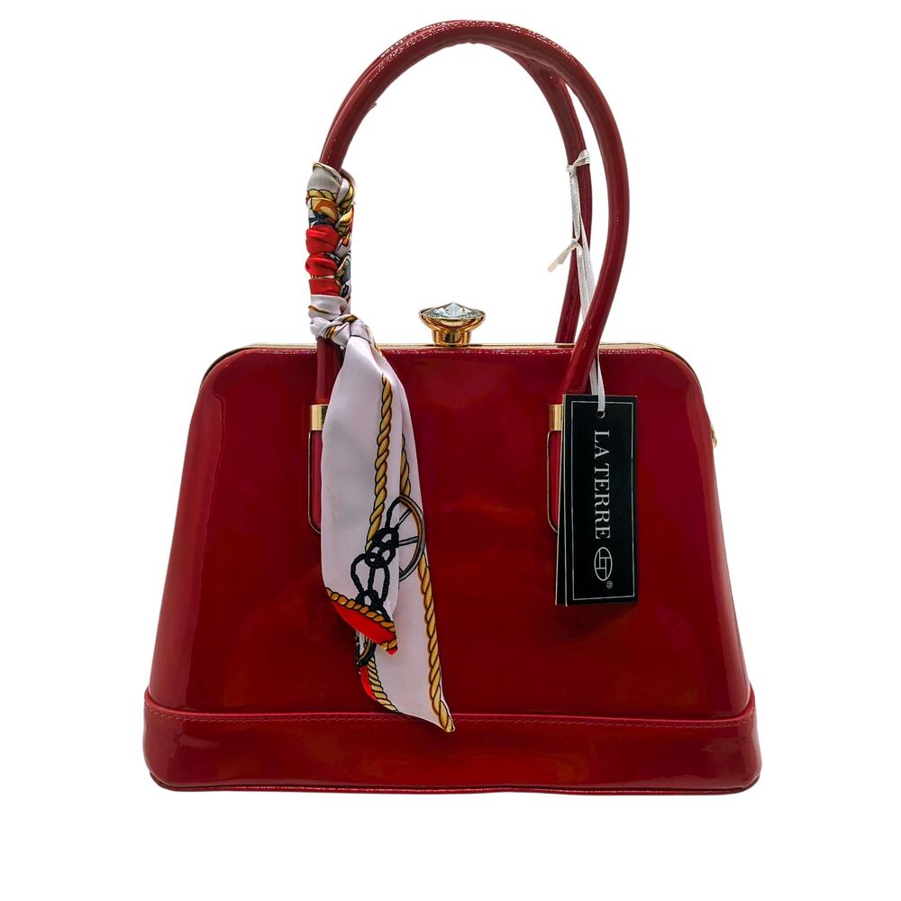 Stunning Red Patent Leather Shell Handbag w/ Twilly